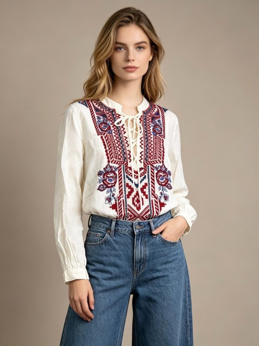 NWOT Johnny Was Cotton Floral Embroidered Shirt Long Sleeves Blouse Sz S